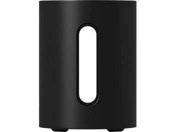 Caisson de grave Sonos Sub Mini noir mat, vue de face, forme cylindrique verticale avec ouverture ovale centrale blanche