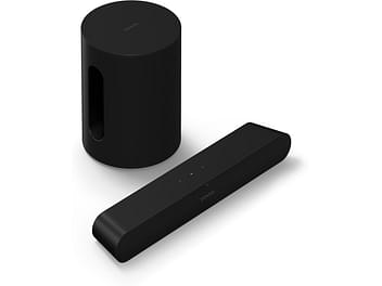 Barre de son Sonos Pack Ray + Mini Sub noir, cylindre et rectangle noirs, vue de face et de côté, posés sur surface blanche