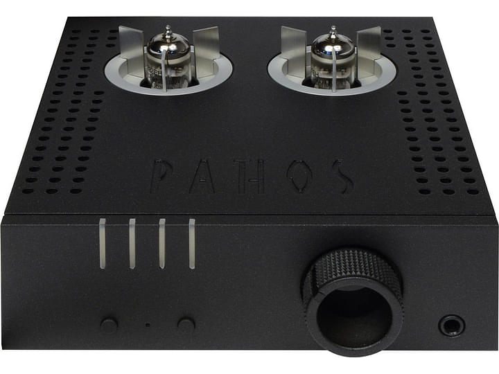 Préampli casque Pathos Aurium noir, vue de dessus, 2 tubes à vide, 2 potentiomètres, connecteurs jack 6,35 mm à l'avant