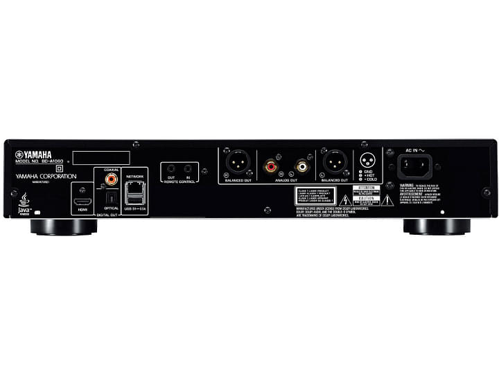 Lecteur Blu-ray Yamaha BD-A1060 noir, vue arrière, connectique audio-vidéo, ports HDMI, USB, réseau, optique, coaxial