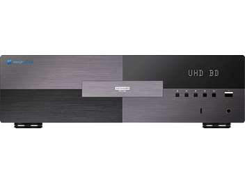 Lecteur Blu-ray 4K Magnetar UDP900 noir, vue de face, avec affichage LED bleu "UHD BD" et boutons de contrôle argentés