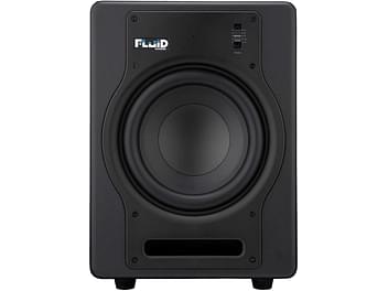 Enceinte amplifiée Fluid Audio F8S noire, vue de face, logo lumineux bleu, haut-parleur circulaire central, boutons et connectique en bas