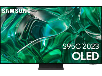 Téléviseur Samsung S95C 2023 OLED, écran plat rectangulaire, cadre fin noir, motifs verts abstraits ondulés sur l'écran