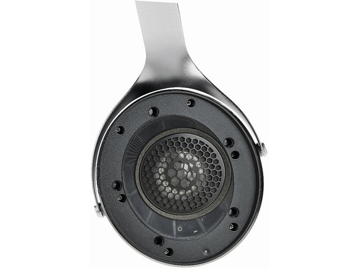 Casque audio circum-aural Focal ELEGIA noir, vue latérale, grille métallique hexagonale sur oreillette, arceau métallique