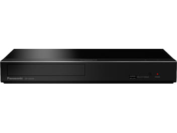 Lecteur Blu-ray 4K Panasonic DP-UB450 noir, vue de face, format rectangulaire, façade brillante, bouton d'alimentation rouge