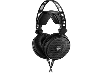 Casque hifi ouvert Audio Technica ATH-R70x noir, oreillettes ovales, arceau rembourré, câble tressé, sur surface réfléchissante