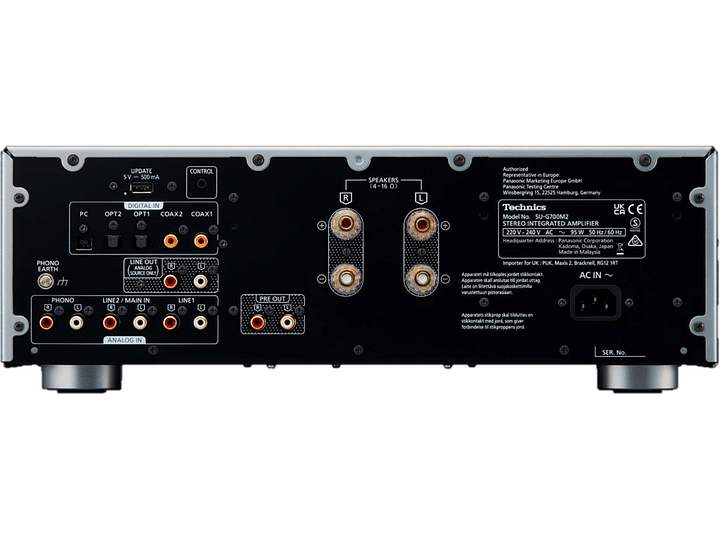 Ampli hi-fi stéréo intégré Technics SU-G700M2E-K noir, face arrière, connectique et prises audio, vue rapprochée