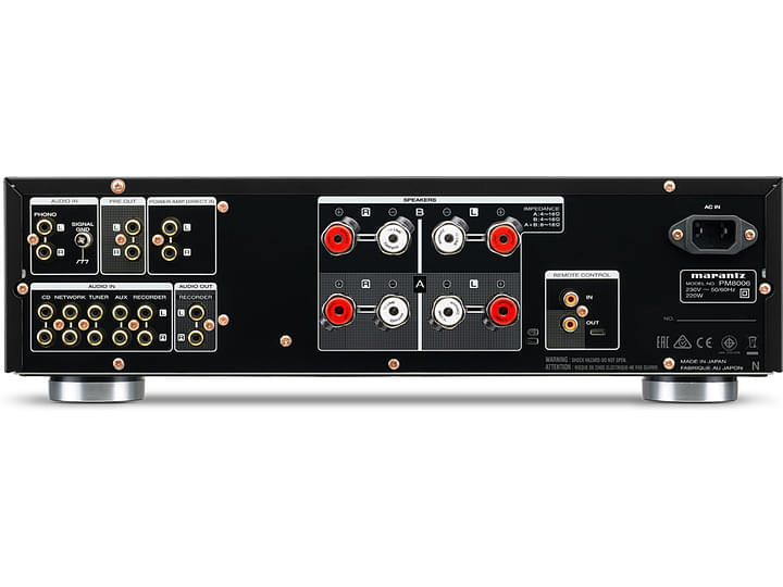 Ampli hi-fi stéréo Marantz PM8006 noir, face arrière, connectique audio analogique et numérique, contrôles et interrupteur