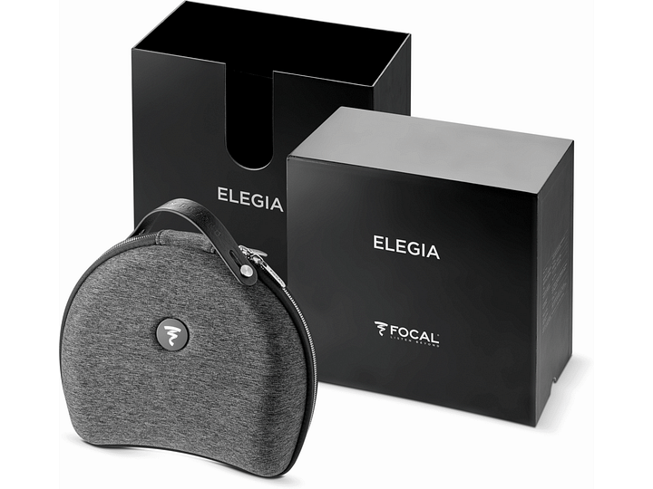 Casque hifi ouvert Focal ELEGIA noir, boîte noire, housse de transport grise, vue de face et de 3/4 arrière