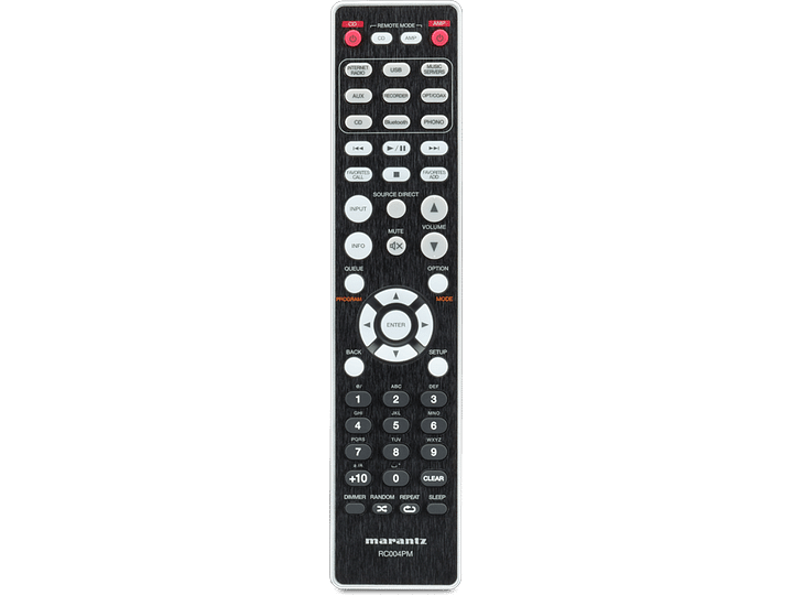 Télécommande Marantz RC004PM, noire, rectangulaire, verticale, face avant, nombreux boutons ronds et rectangulaires, étiquettes