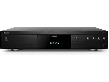 Lecteur Blu-ray 4K Reavon UBR-X110 noir, vue de face, affichage "REAVON" sur écran, boutons et connectiques visibles