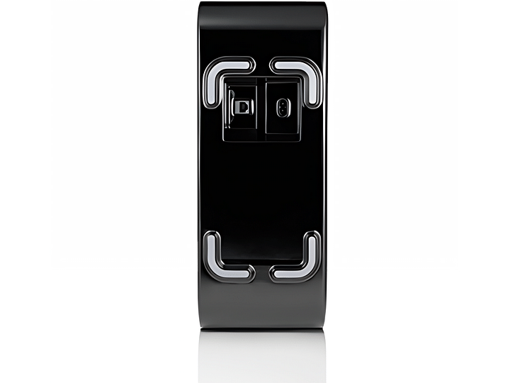 Caisson de grave Sonos SUB noir laqué, vue de face, forme rectangulaire verticale avec découpe centrale en forme de 8
