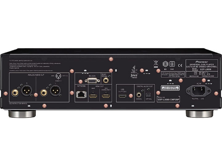 Lecteur Blu-ray Pioneer UDP-LX800 noir, vue arrière, connectiques audio et vidéo, ports USB et réseau, sorties XLR symétriques