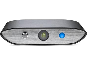 Transmetteur sans fil iFi Audio Zen blue V2 gris foncé, vue de dessus, avec 3 boutons ronds argenté, noir et bleu