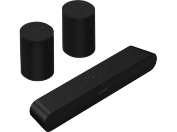 Barre de son Sonos Pack Ray + 2x Era 100 noir mat, 3 enceintes cylindriques noires, vue de face et de profil