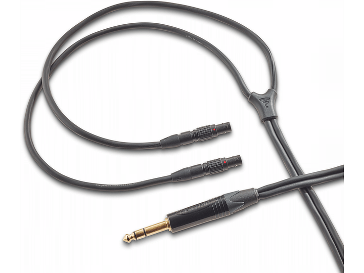 Câbles audio noirs avec connecteurs jack 6,35 mm dorés, disposés en boucle sur fond blanc