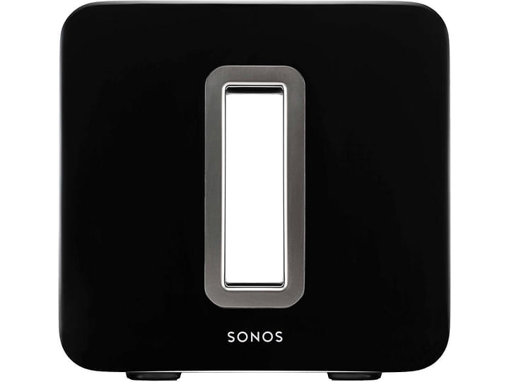 Caisson de grave Sonos SUB noir laqué, vue de face, forme rectangulaire arrondie avec ouverture ovale centrale