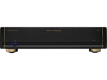 Amplificateur stéréo Parasound Halo A23+ noir, vue de face, façade noire avec boutons et voyants bleus, pieds dorés
