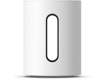 Caisson de grave Sonos Sub Mini blanc mat, vue de face, forme ovale verticale avec ouverture centrale ovale noire