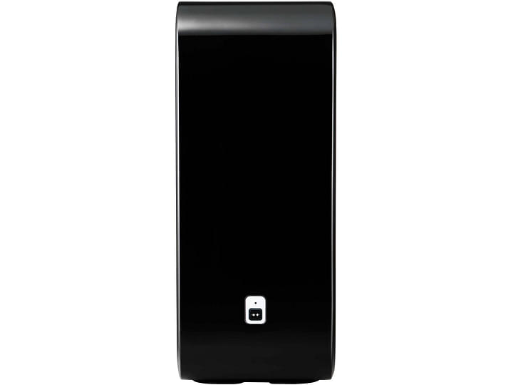Caisson de grave Sonos SUB noir laqué, vue de face, forme rectangulaire verticale arrondie, surface noire brillante, logo blanc