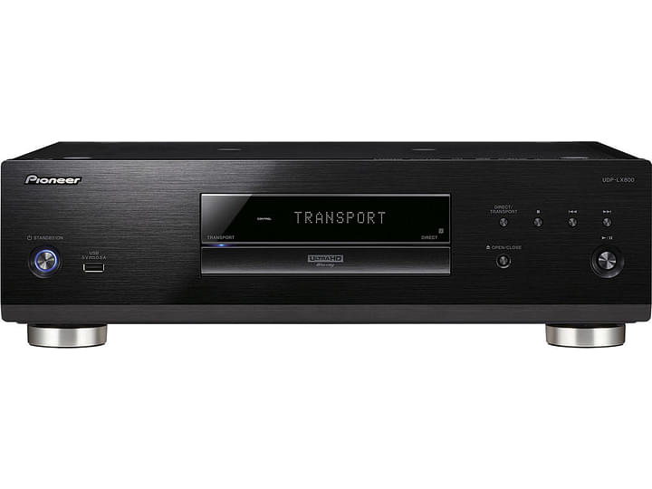 Lecteur Blu-ray 4K Pioneer UDP-LX800 noir, vue de face, affichage "TRANSPORT" sur écran, boutons transport et connectique