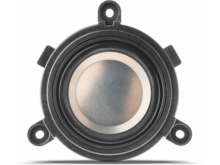 Haut-parleur circulaire noir et argenté vu de face, avec membrane grise au centre et grille de protection noire à l'avant