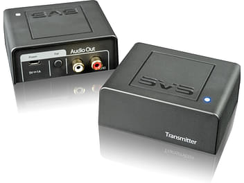 Transmetteur audio sans fil SVS SoundPath, noir mat, avec ports audio et bouton, vue de face et de dessus