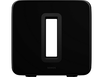 Caisson de grave Sonos Sub (Gen 3) noir brillant, vue de face, forme rectangulaire arrondie avec ouverture centrale ovale